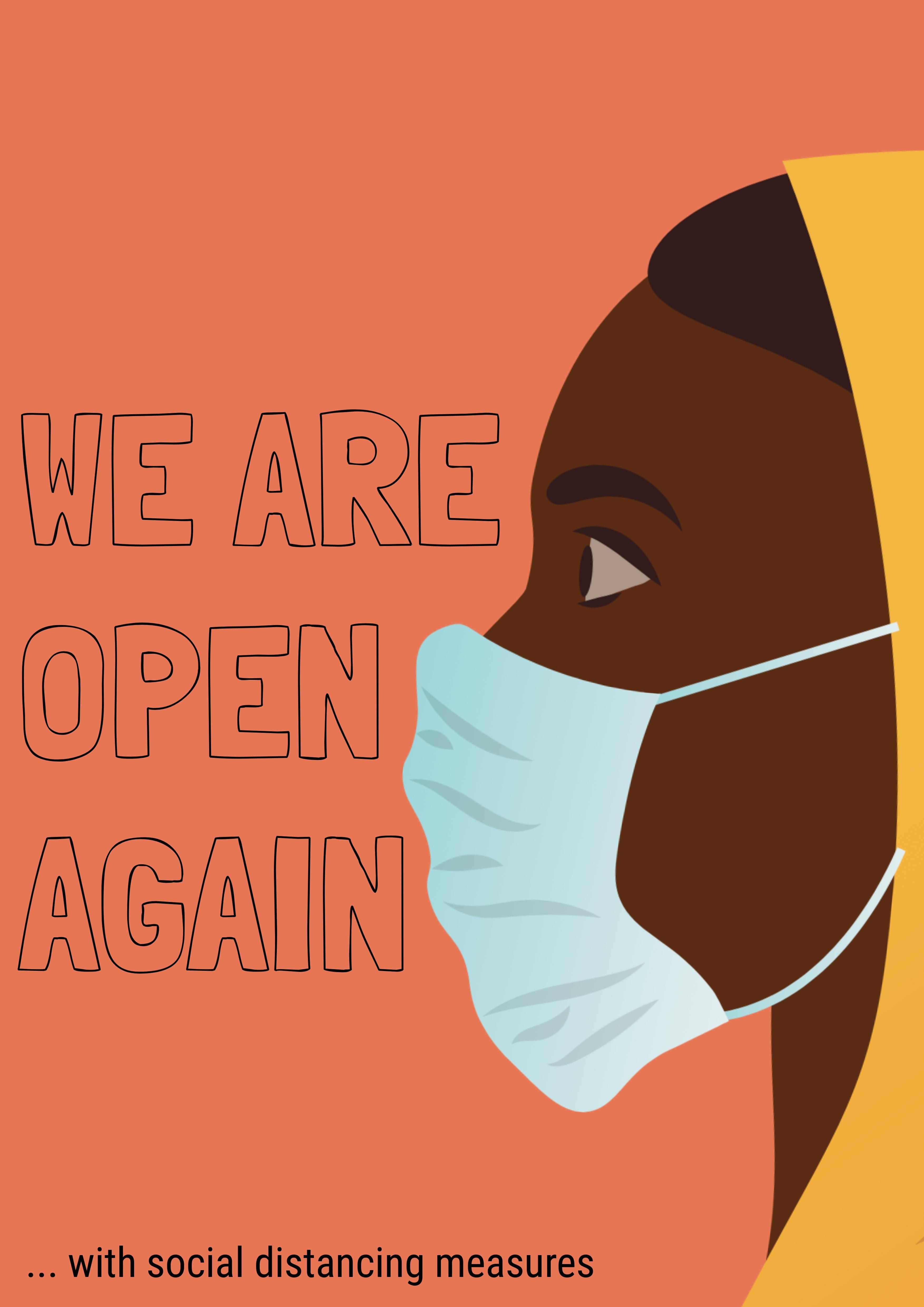 Cafe Poster: Orange with 'We Are Open Again' - 10 clever strategies for restaurant marketing during Covid-19 pandemic - Image