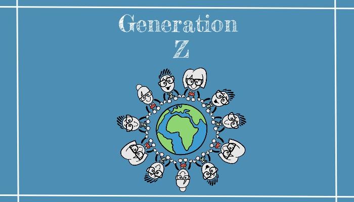 An illustration of a globe on a blue background and people forming a circle around it with the title 'Generation Z' - Learn the top 15 marketing trends to improve your business and marketing strategy - Image